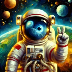 A cheerful, cartoon astronaut glides on a small rocket through a vibrant outer space filled with planets, stars, and colorful cosmic energy in a whimsical, magical scene.
