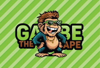 Vibrant and Lively Memphis Style Graphic Illustration of Standing Ape Smilling and Wearing Sunglasses