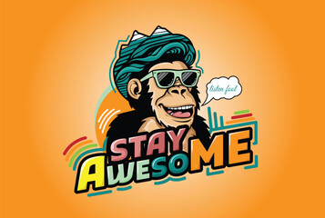 Vibrant and Playful Memphis Style Graphic Illustration of Cool Ape Smilling and Wearing Sunglasses