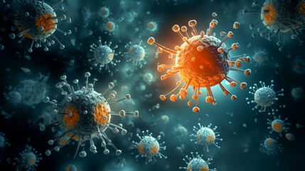 Detailed 3D rendering of virus cells floating in a dark blue microscopic environment, showcasing viral infection, science, and medical research themes