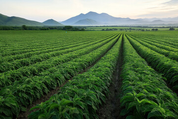 Wide-angle view of a lush green agricultural field with rows of crops, set against a backdrop of rolling hills and distant mountain ranges under a clear sky.