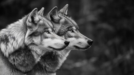 Naklejka premium A monochrome close-up of two wolves side by side, showcasing their striking features and expressions.