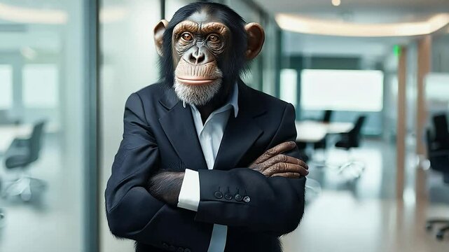 A chimpanzee monkey businessman in suit and tie at office. Suggesting intelligence, Education or business humor	