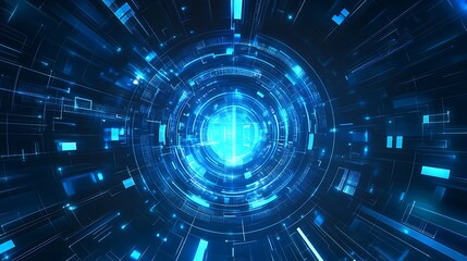 Fototapeta premium Abstract blue glowing circular tunnel with futuristic tech design.