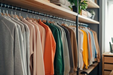 Lots of bright casual sweatshirts hanging on wooden hangers in a bright dressing room