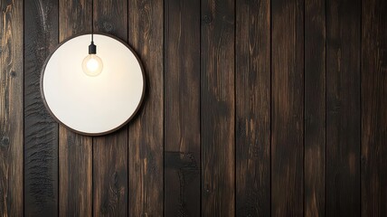 A circular signage mockup is displayed, elegantly hanging on a dark wooden wall.