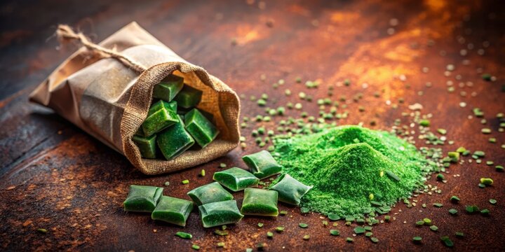 An abstract scene showcases tumbling nasvay granules beside a snus bag, artfully laid against a warm brown background, creating a striking visual