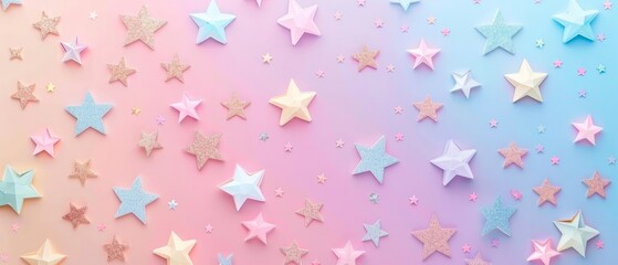 Abstract geometric festive pastel color paper background with glitter stars. Top view