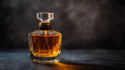 A full bottle of perfume sits on a dark surface.