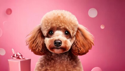  Cute Cartoon Birthday Poodle on a Pink Background 