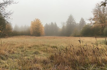 Fototapeta premium A foggy autumn meadow, with tall grasses and trees