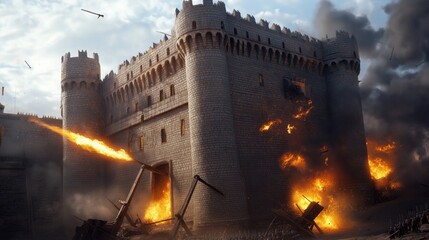 Fototapeta premium Medieval castle under siege with flames and smoke. Catapults and flying debris indicate an intense battle. Castle walls are being bombarded, creating scenes of destruction.