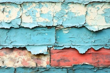 Fototapeta premium Weathered Brick Wall: A close-up of a brick wall with peeling blue paint, revealing the red brick underneath. The texture and colors evoke a sense of history and time.