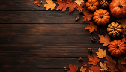 Autumnal Still Life Vibrant Pumpkins, Squash, and Leaves on Rustic Wood for Thanksgiving