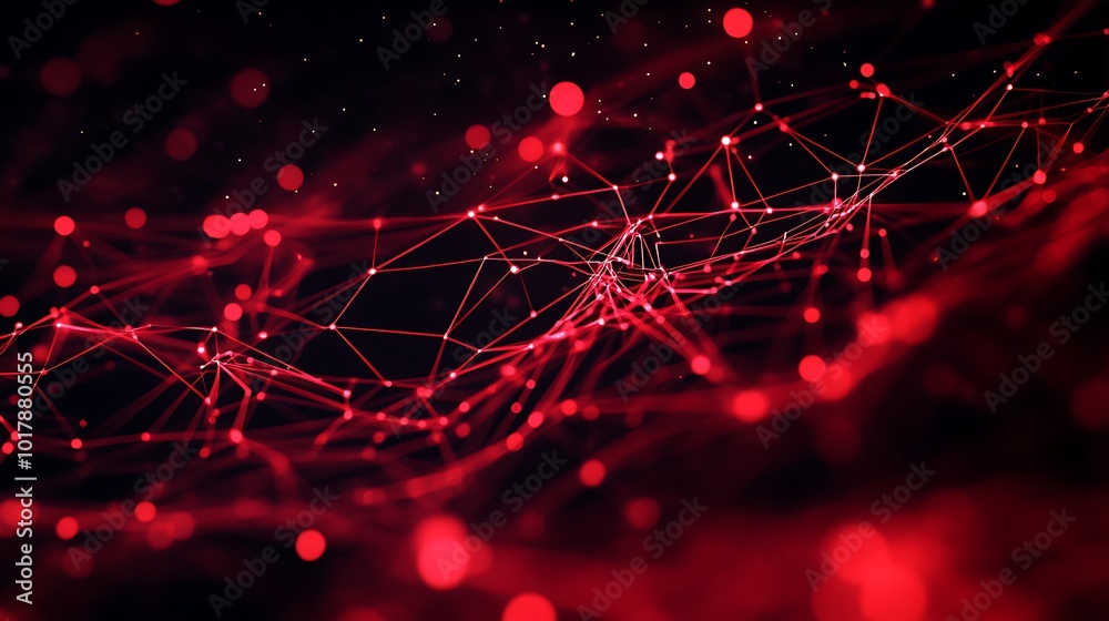 Poster Abstract red network of connected dots and lines on black background with bokeh lights.
