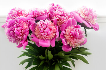 Obraz premium Vase with peonies on white . flower peony nature concept. bouquet of blooming peonies in a vase on a white. a bouquet of pink and white peonies in a lifestyle vase.