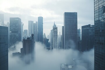 A foggy city skyline with tall buildings