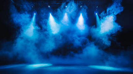A stage with blue lighting and fog, creating a dramatic atmosphere for performances. Blue Smoke Stage Spotlight Background.
