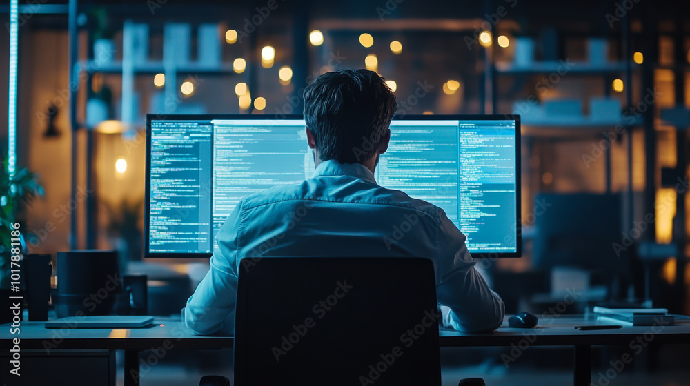 Poster a person working at a desk in a modern office with multiple screens displaying cityscape and code at