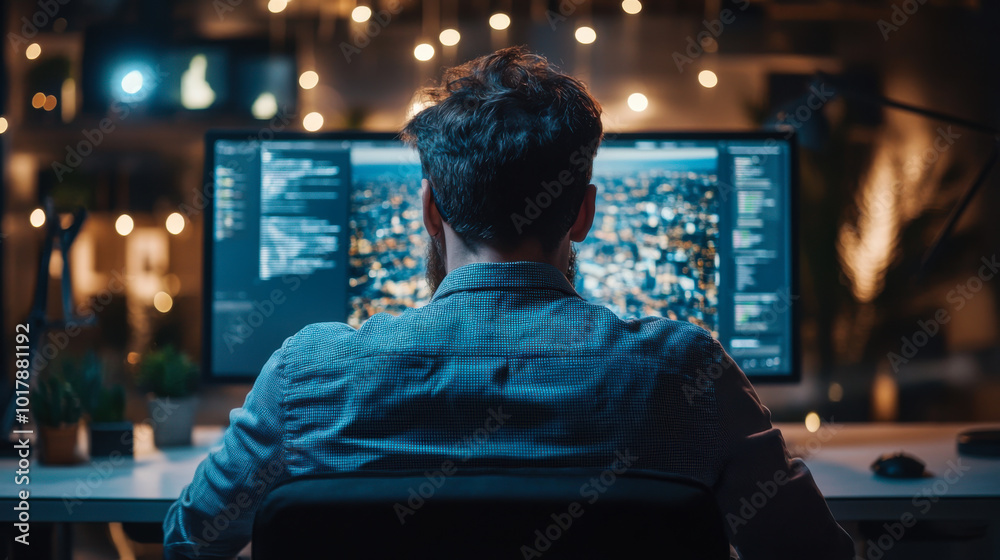 Poster a person working at a desk in a modern office with multiple screens displaying cityscape and code at