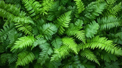 Lush green ferns with vibrant foliage create a dense and textured background.