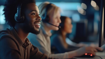 Smiling Call Center Agents Engaged in Work