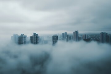 A foggy city skyline with tall buildings