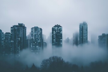 Fototapeta premium A foggy city skyline with tall buildings