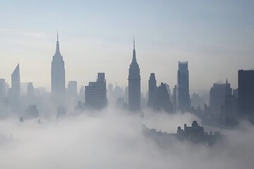 Obraz premium A foggy city skyline with tall buildings