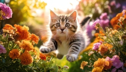Cute kitten is flying in the air in the home garden among colorful flowers 