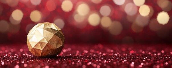 Elegant golden geometric ornament on a festive red glitter background.
