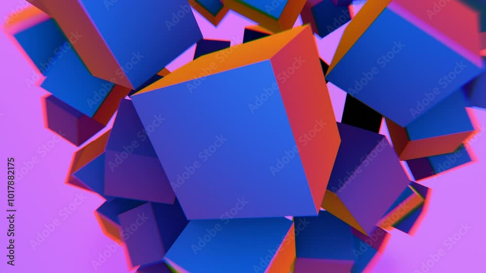 Poster abstract floating cubes with vibrant colors on a pink background