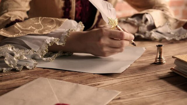Antique young woman in renaissance dress sitting at table and writing letter with vintage quill pen with ink on old parchment papers sheet, close up shot.