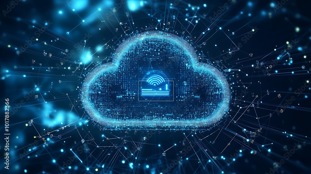 Fototapete abstract cloud computing concept with digital data flow and glowing lines on a dark blue background.