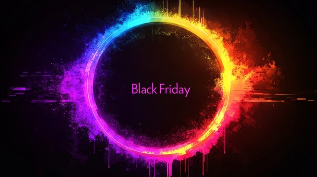 An eye-catching circular explosion of vivid colors displaying 'Black Friday' in the center, symbolizes excitement and the rush of engaging sales events.