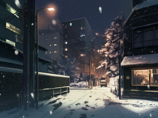 雪が降る都会の風景