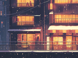 雪が降る都会の風景