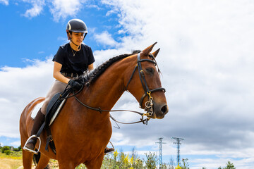 woman riding brown horse under blue sky