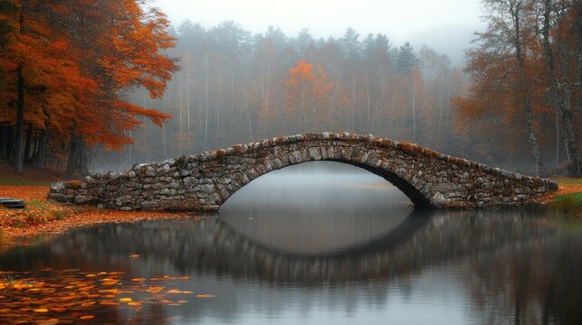 An enchanting scene featuring a misty stone bridge arching gracefully over a tranquil waterscape, surrounded by vibrant autumn foliage, evoking serenity and nostalgia.