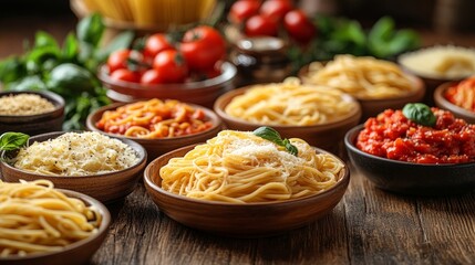 Fototapeta premium An appetizing collection of diverse pasta dishes are beautifully garnished with fresh herbs and tomatoes, representing the richness and diversity of Italian cuisine.