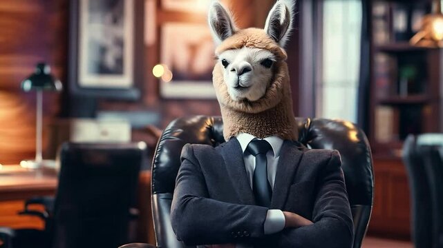 Alpaca businessman in suit standing with arms crossed, looking at camera in modern office	