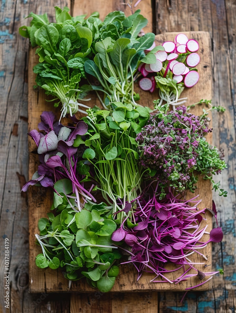 Poster Freshly harvested microgreens of various types are displayed on a rustic wooden board, showcasing their vibrant colors and textures. Generative AI