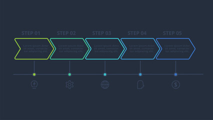 Line concept for infographic with 5 steps, options, parts or processes. Template for web on a black background.