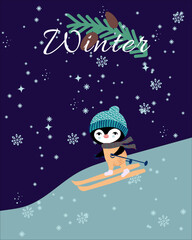 Winter card with penguin skiing