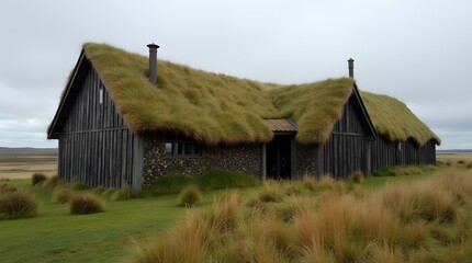 Fototapeta premium icelandic turf houses blending with the embrace of earth