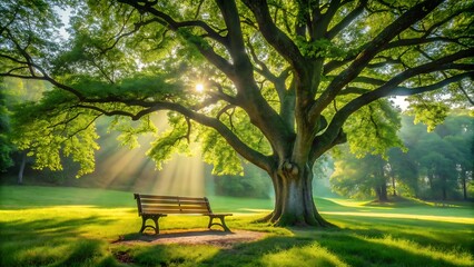 Naklejka premium Tranquil Bench Under Sunbeams in Lush Green Forest