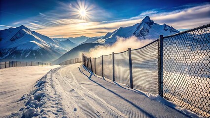 A fence surrounds the snowboarders' track in a scenic ski resort with beautiful mountains in the background, using forced perspective
