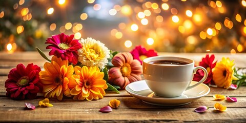 Fototapeta premium A serene coffee cup rests beside vibrant flowers on a table, bathed in a dreamy bokeh effect, fostering a peaceful ambiance for relaxation.