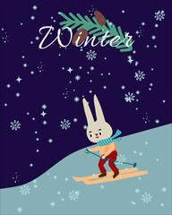 Winter card with skiing rabbit
