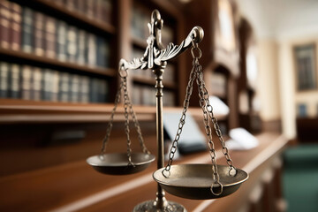 Bronze balance scales on a desk in a library or law office with shelves of legal books in the background, representing justice and law.